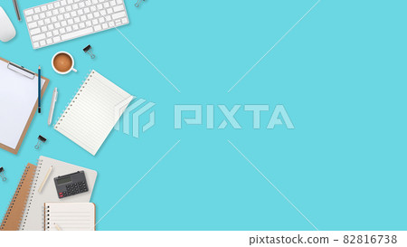 flat lay workspace table with laptop computer, office supplies, coffee cup, tablet and cell phone on green pastel background 82816738