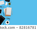 flat lay workspace table desk with laptop computer, office supplies, coffee cup, tablet and mobile smartphone on color background 82816781