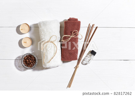 Bathroom or spa set on white background top view mock-up Bathroom or spa set on white background top view mock-up 82817262