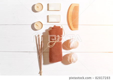 Bathroom or spa set on white background top view mock-up. Sun flare 82817283