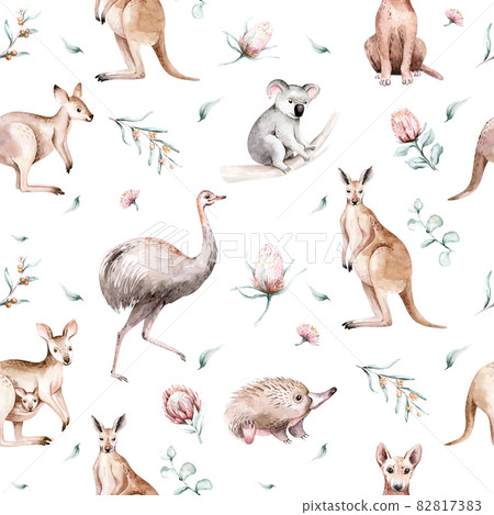 Watercolor australian cartoon kangaroo emu, koala and flying fox seamless pattern. Australian kangaroos set kids illustration. Nursery wallpaper art 82817383