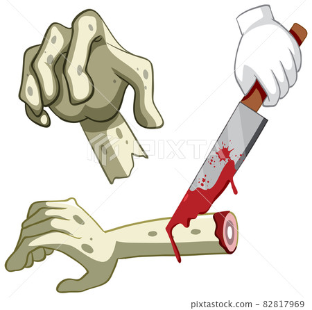 Cut zombie hand with knife on white background Cut zombie hand with knife on white background 82817969