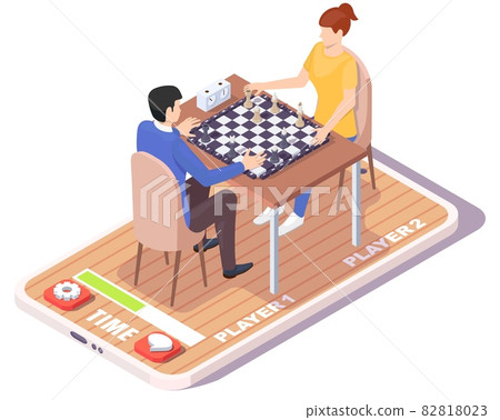 Man and woman playing chess board game on smartphone screen, vector isometric illustration. Online chess. Mobile gaming. 82818023