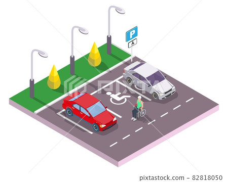 Man in wheelchair at accessible parking space for cars, vector isometric illustration. Parking lot for disabled people. Man in wheelchair at accessible parking space for cars, vector isometric illustration. Parking lot for disabled people. 82818050