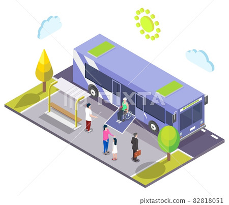 Isometric bus stop, disabled man in wheelchair leaving city bus using access ramp. Public transport accessibility vector 82818051