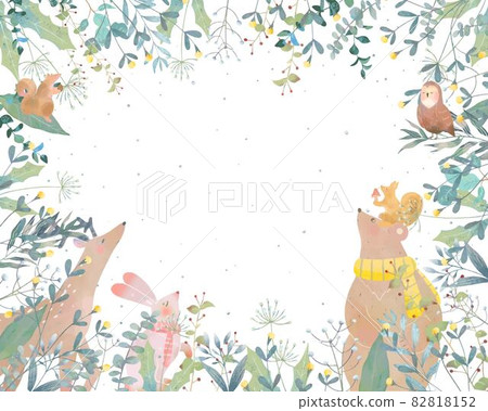 Scandinavian fashionable snowfall winter vector frame illustration vector material of cute animals and plants in the forest 82818152