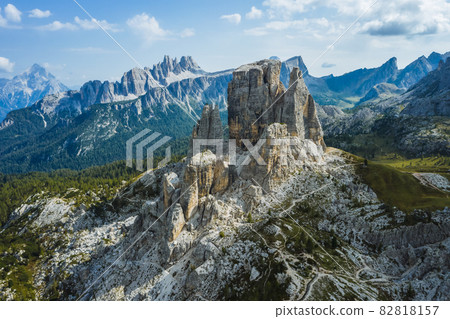 Aerial view of Cinque Torri in Dolomites mountains in Italy. Epic landscape on a sunny day of summer 82818157