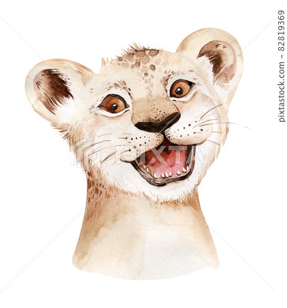 Africa watercolor savanna lion, animal illustration. African Safari wild cat cute exotic animals face portrait character. Isolated on white poster design Africa watercolor savanna lion, animal illustration. African Safari wild cat cute exotic animals face portrait character. Isolated on white poster design 82819369