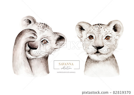 Africa watercolor savanna lion, animal illustration. African Safari wild cat cute exotic animals face portrait character. Isolated on white poster design Africa watercolor savanna lion, animal illustration. African Safari wild cat cute exotic animals face portrait character. Isolated on white poster design 82819370