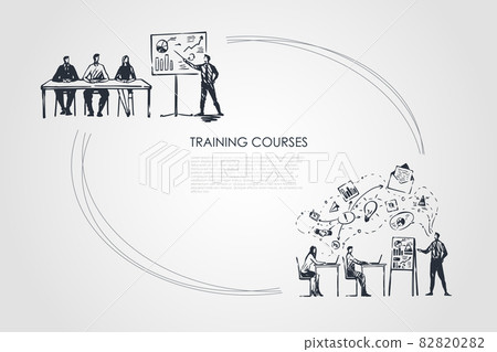 Training courses - students listening to presentation and sitting in classrom vector concept set Training courses - students listening to presentation and sitting in classrom vector concept set 82820282