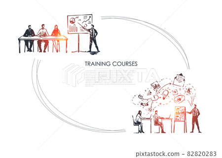 Training courses - students listening to presentation and sitting in classrom vector concept set Training courses - students listening to presentation and sitting in classrom vector concept set 82820283