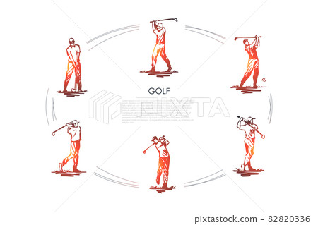 Golf - man with golf club in different active poses vector concept set Golf - man with golf club in different active poses vector concept set 82820336