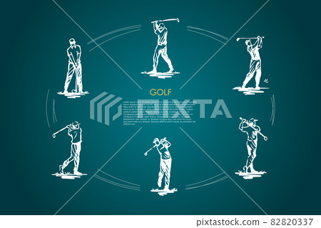 Golf - man with golf club in different active poses vector concept set Golf - man with golf club in different active poses vector concept set 82820337