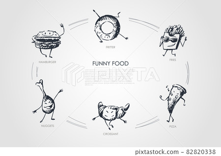 Funny food - hamburger, nuggets, croissant, pizza, fries, fritter vector concept set Funny food - hamburger, nuggets, croissant, pizza, fries, fritter vector concept set 82820338