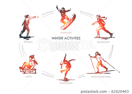 Winter activities - snowball, snowboard, skating sport, cross-country skiing, figure skating, sledge vector concept set 82820463