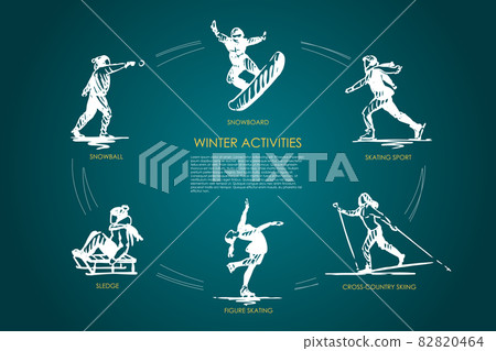 Winter activities - snowball, snowboard, skating sport, cross-country skiing, figure skating, sledge vector concept set Winter activities - snowball, snowboard, skating sport, cross-country skiing, figure skating, sledge vector concept set 82820464