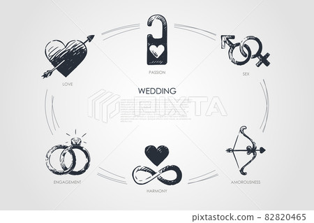Wedding - love, sex, engagement, harmony, amorousness, passion vector concept set Wedding - love, sex, engagement, harmony, amorousness, passion vector concept set 82820465