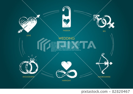 Wedding - love, sex, engagement, harmony, amorousness, passion vector concept set Wedding - love, sex, engagement, harmony, amorousness, passion vector concept set 82820467