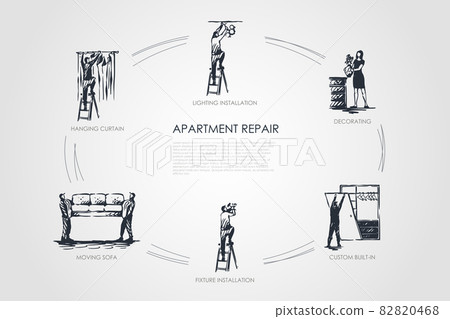 Apartment repair - hanging curtain, moving sofa, fixture installation, custom built-in, decorating, lighting installation vector concept set Apartment repair - hanging curtain, moving sofa, fixture installation, custom built-in, decorating, lighting installation vector concept set 82820468