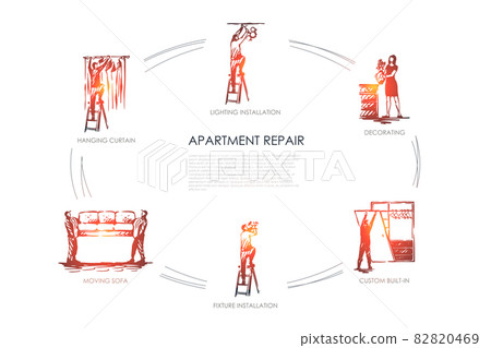 Apartment repair - hanging curtain, moving sofa, fixture installation, custom built-in, decorating, lighting installation vector concept set Apartment repair - hanging curtain, moving sofa, fixture installation, custom built-in, decorating, lighting installation vector concept set 82820469