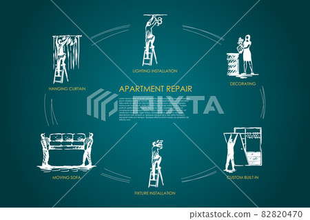 Apartment repair - hanging curtain, moving sofa, fixture installation, custom built-in, decorating, lighting installation vector concept set Apartment repair - hanging curtain, moving sofa, fixture installation, custom built-in, decorating, lighting installation vector concept set 82820470