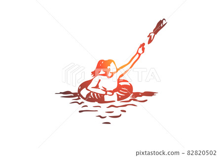 lifebuoy, hand, help, safe, woman concept. Hand drawn isolated vector. 82820502