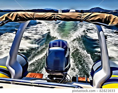 Digital color painting of an engine of an inflatable boat that goes fast on the water leaving a white trail Digital color painting of an engine of an inflatable boat that goes fast on the water leaving a white trail 82821633
