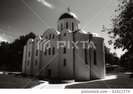 Boris and Gleb Cathedral or Borisoglebsky Cathedral. Famous architectural monument of the pre-Mongol period. Chernihiv city. Film grain. 82822374