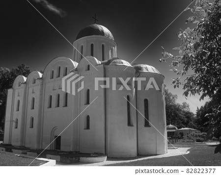 Boris and Gleb Cathedral or Borisoglebsky Cathedral. Famous architectural monument of the pre-Mongol period. Chernihiv city. Film grain. Boris and Gleb Cathedral or Borisoglebsky Cathedral. Famous architectural monument of the pre-Mongol period. Chernihiv city. Film grain. 82822377