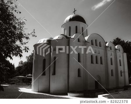 Boris and Gleb Cathedral or Borisoglebsky Cathedral. Famous architectural monument of the pre-Mongol period. Chernihiv city. Film grain. 82822378