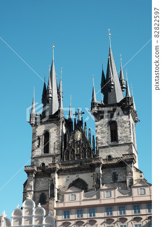Temple of the Virgin Mary in Prague. Towers of the Tyn Church. Temple of the Virgin Mary in Prague. Towers of the Tyn Church. 82822597