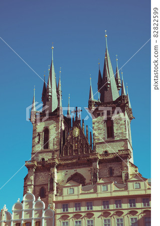 Temple of the Virgin Mary in Prague. Towers of the Tyn Church. Temple of the Virgin Mary in Prague. Towers of the Tyn Church. 82822599