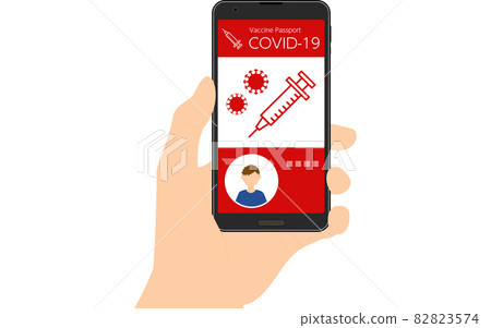 Vaccine passport smartphone app (unvaccinated) certifying coronavirus vaccination, showing face photo 82823574