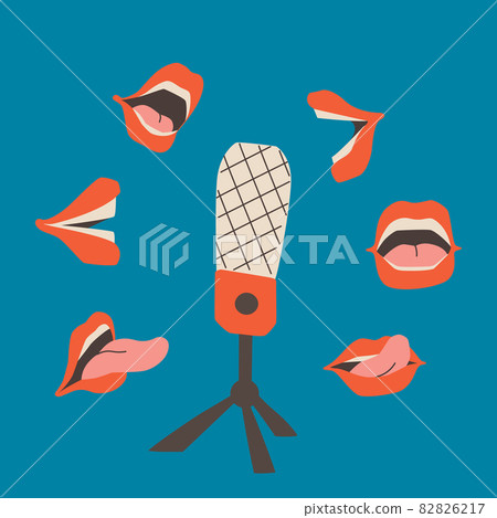 Podcast cover with blue background. Studio microphone on a stand and open speaking mouths around. Vector retro flat illustration EPS 10 82826217