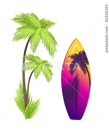 Surfing Board and Palm Tree Vector Illustration 82826263
