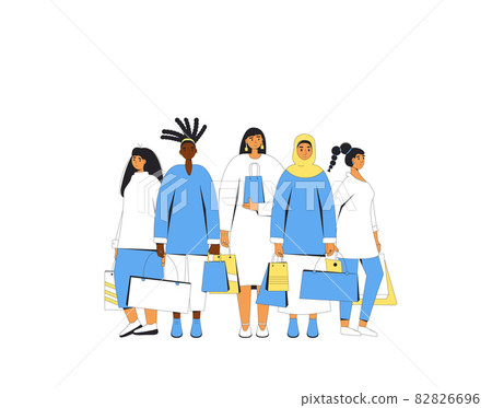 Young women with shopping bags. Women standing together with their new goods. 82826696