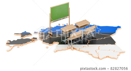 Education in Estonia, concept. School desks and blackboard on Estonia map. 3D rendering 82827056