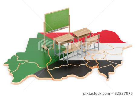 Education in Sudan, concept. School desks and blackboard on Sudan map. 3D rendering Education in Sudan, concept. School desks and blackboard on Sudan map. 3D rendering 82827075