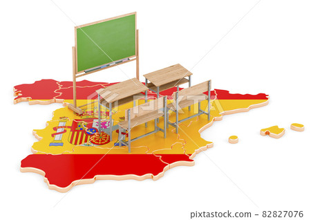 Education in Spain, concept. School desks and blackboard on Spain map. 3D rendering 82827076