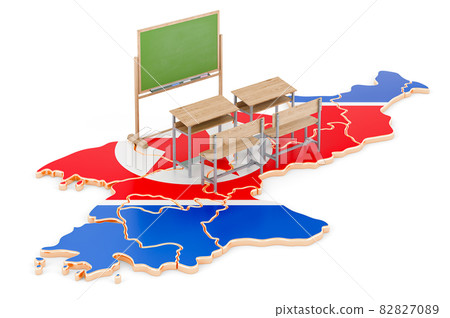 Education in North Korea, concept. School desks and blackboard on North Korea map. 3D rendering Education in North Korea, concept. School desks and blackboard on North Korea map. 3D rendering 82827089