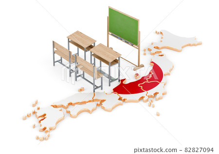 Education in Japan, concept. School desks and blackboard on Japan map. 3D rendering 82827094