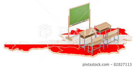 Education in Austria, concept. School desks and blackboard on Austria map. 3D rendering 82827113