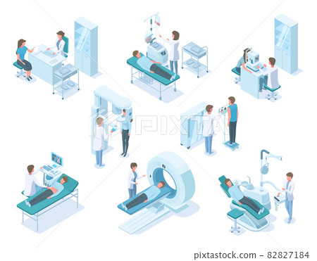 Isometric doctors and patients with hospital medical diagnostic equipment. Hospital diagnostic, patients examined and treated vector illustration set. Medical examination 82827184