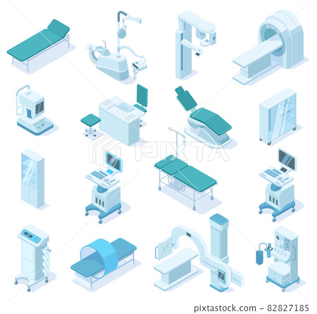 Isometric medical diagnostic, hospital health care equipment. Medical scanner MRI, x-ray scanner and dental chair vector illustration set. Ambulance technology equipment Isometric medical diagnostic, hospital health care equipment. Medical scanner MRI, x-ray scanner and dental chair vector illustration set. Ambulance technology equipment 82827185
