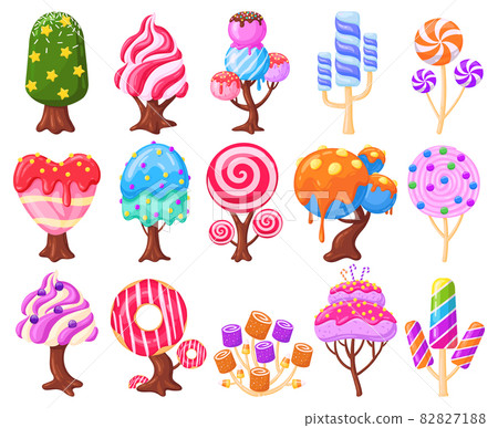 Cartoon fantasy sweet candy land caramel trees. Fantasy nature, game design sweet candy landscape elements vector illustration set. Caramel, ice cream and marshmallow trees Cartoon fantasy sweet candy land caramel trees. Fantasy nature, game design sweet candy landscape elements vector illustration set. Caramel, ice cream and marshmallow trees 82827188