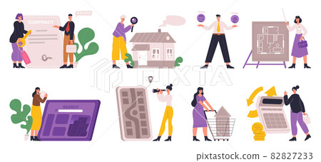 Real estate property searching, buying or renting service. Real property business agent and client buying house vector Illustration set. Property investment opportunity 82827233