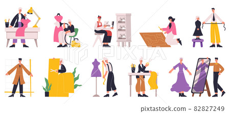 Dressmaker sewing, designer tailoring, characters working in clothes industry. Tailor, seamstress at work vector illustration set. Clothing designer characters Dressmaker sewing, designer tailoring, characters working in clothes industry. Tailor, seamstress at work vector illustration set. Clothing designer characters 82827249