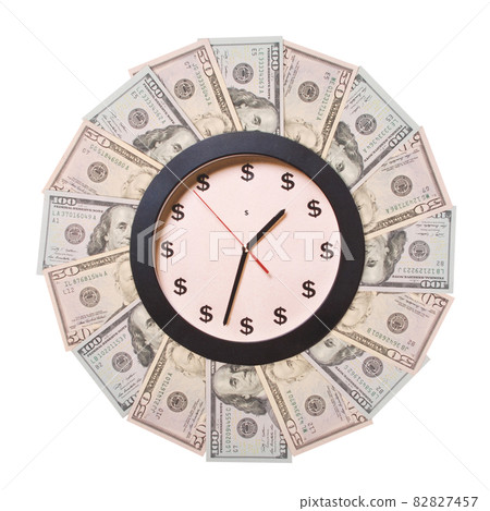 Concept of clock and dollar. Clock on mandala kaleidoscope from money. Abstract money background raster pattern repeat mandala circle. Concept of clock and dollar. Clock on mandala kaleidoscope from money. Abstract money background raster pattern repeat mandala circle. 82827457