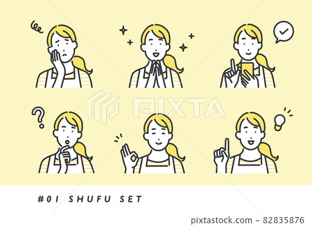 Image illustration set material of a housewife woman who takes various facial expressions and poses ・ Simple touch Image illustration set material of a housewife woman who takes various facial expressions and poses ・ Simple touch 82835876