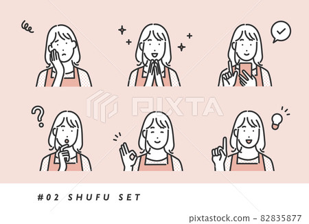 Image illustration set material of a housewife woman who takes various facial expressions and poses ・ Simple touch 82835877
